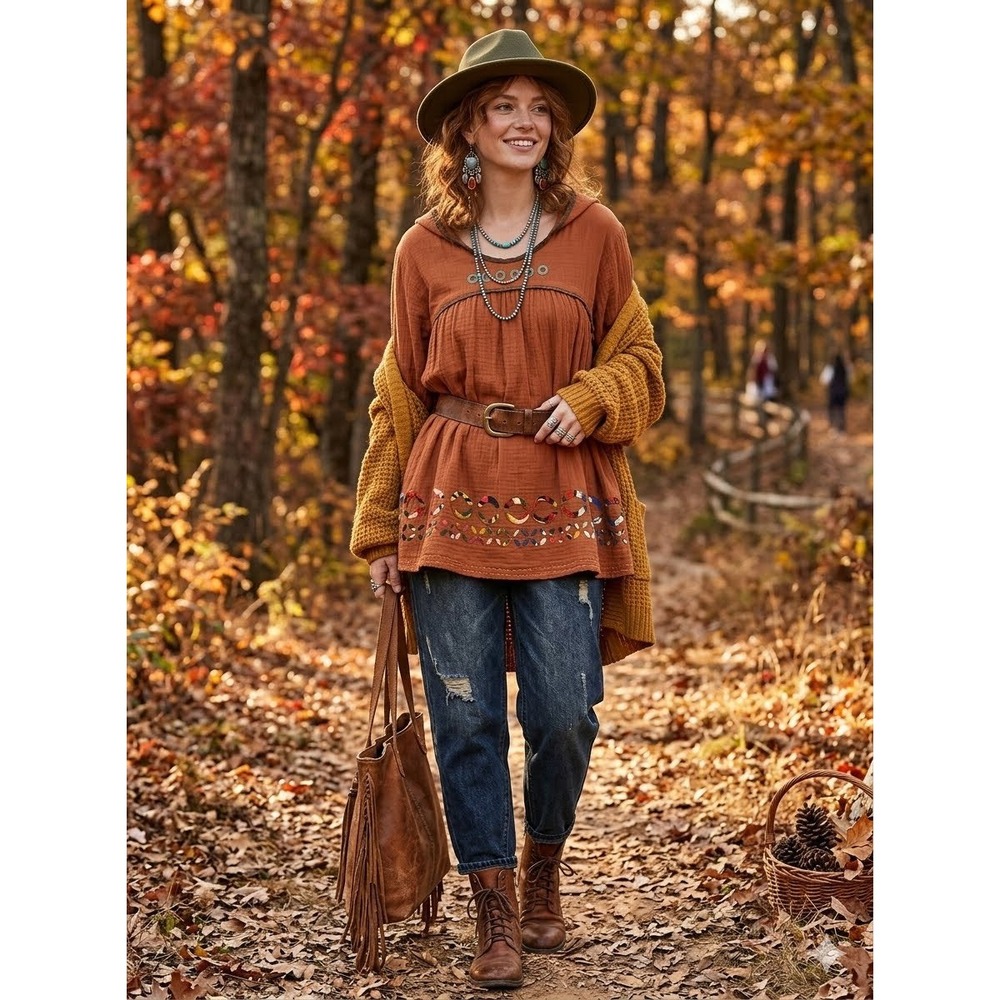 Sacred Threads Brown Cotton Boho Embroidered Mirror Hooded Tunic Top XL India